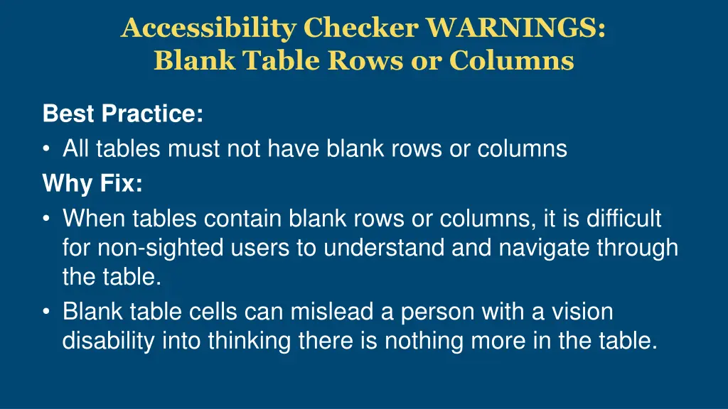 accessibility checker warnings blank table rows