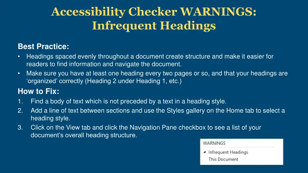 accessibility checker warnings infrequent headings