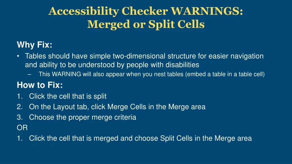 accessibility checker warnings merged or split