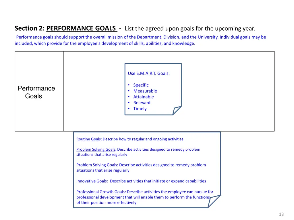 section 2 performance goals list the agreed upon