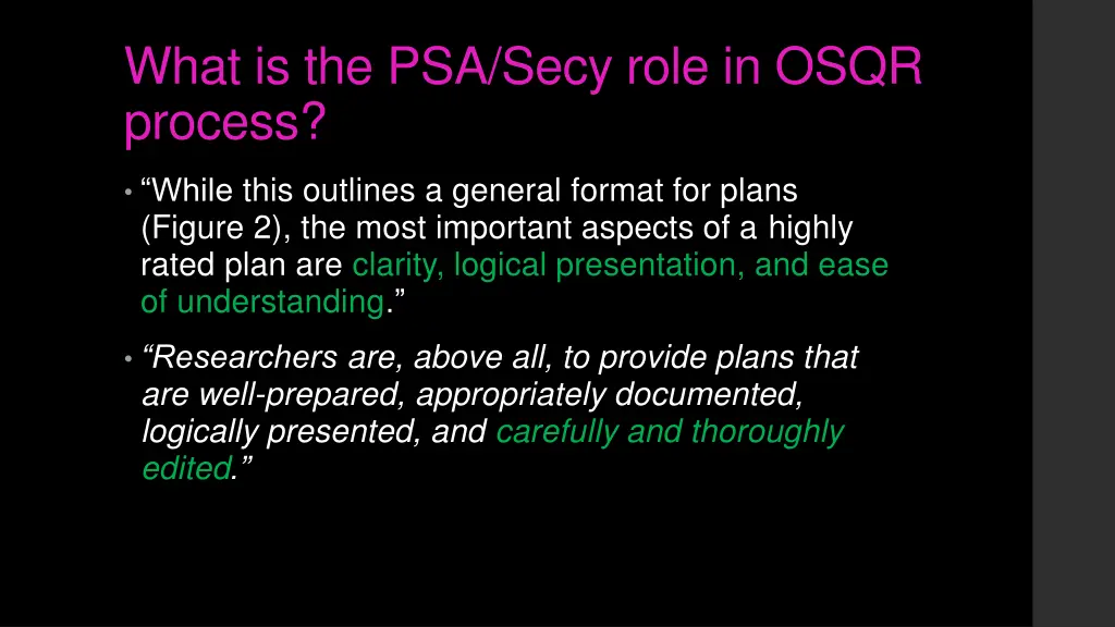 what is the psa secy role in osqr process