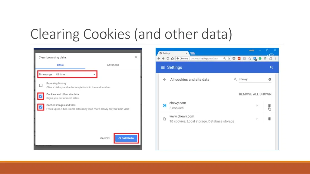 clearing cookies and other data