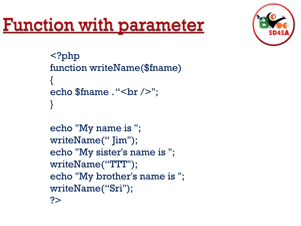 php function writename fname echo fname br