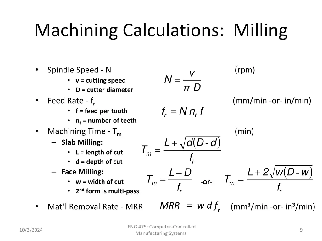 machining calculations milling