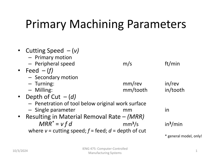 primary machining parameters