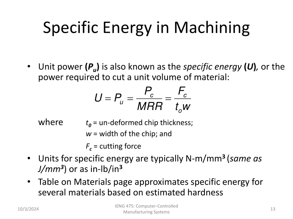 specific energy in machining