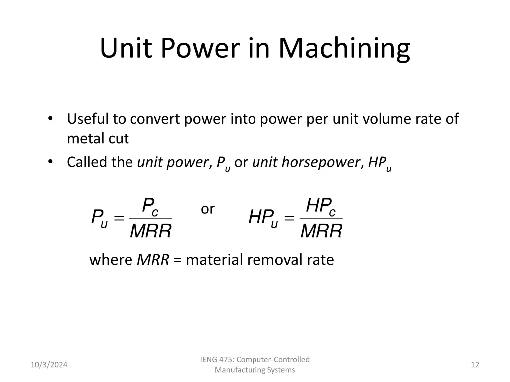 unit power in machining