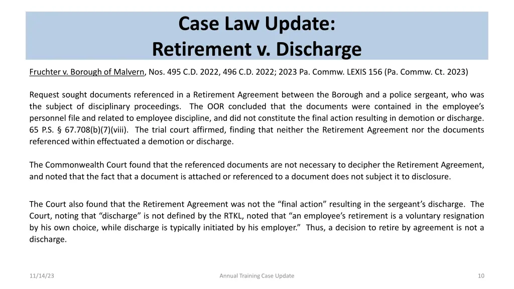 case law update retirement v discharge