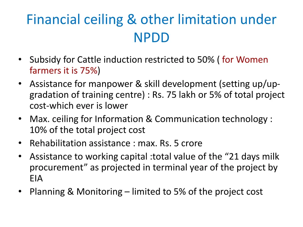 financial ceiling other limitation under npdd 1