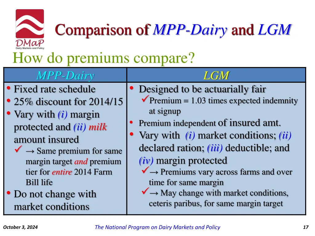 comparison of mpp dairy and lgm 5