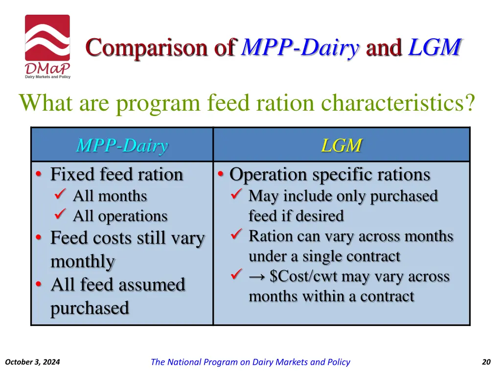 comparison of mpp dairy and lgm 8