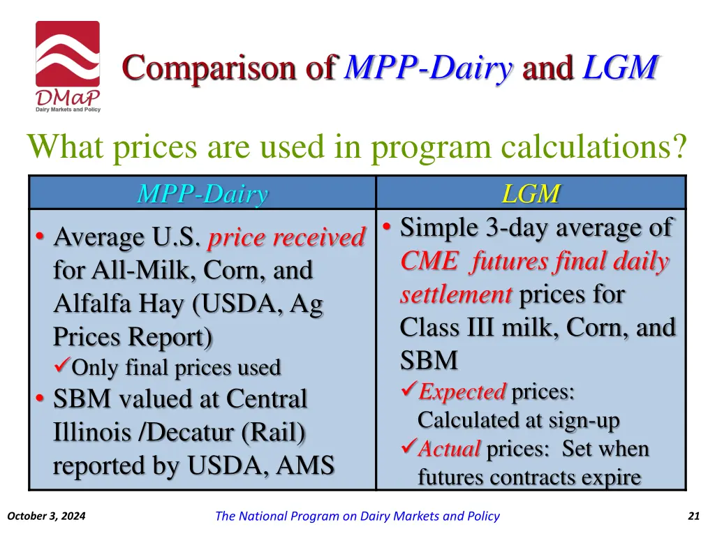 comparison of mpp dairy and lgm 9