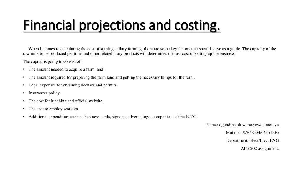 financial projections and costing financial