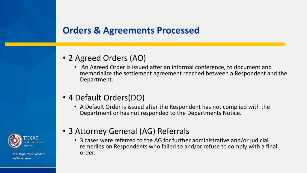 orders agreements processed