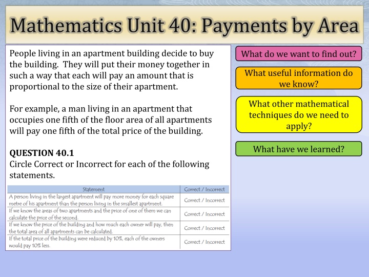 mathematics unit 40 payments by area