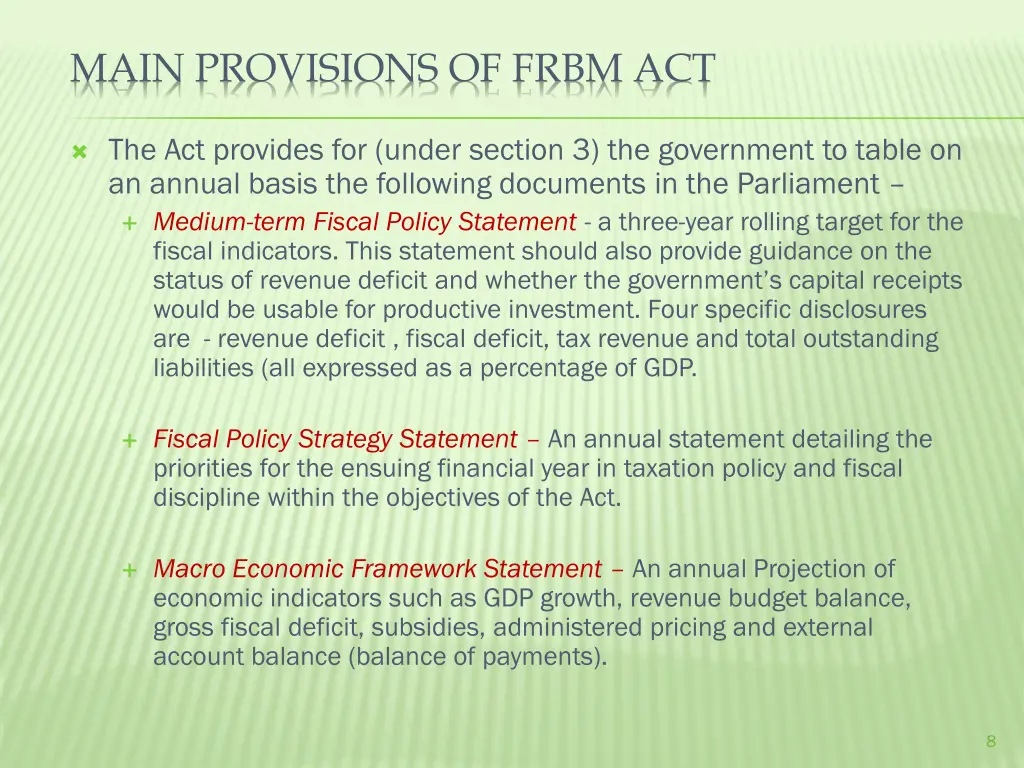 main provisions of frbm act 1