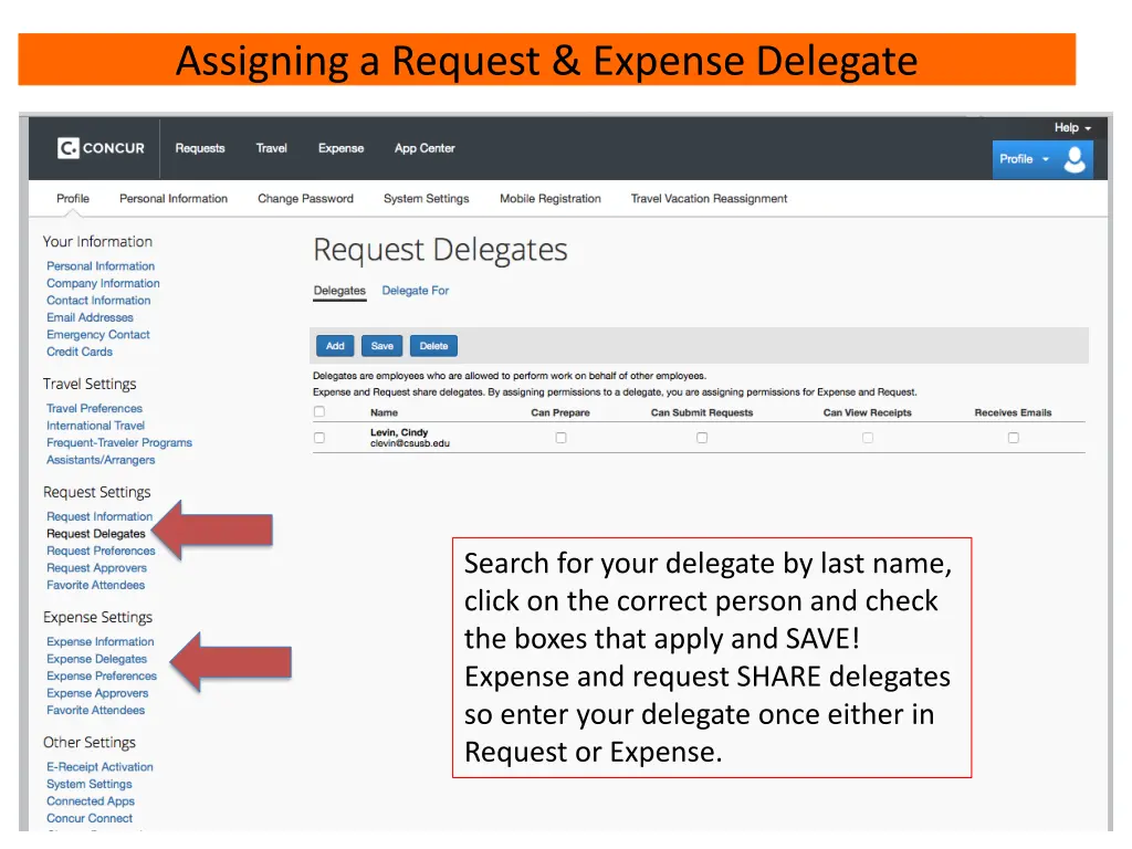 assigning a request expense delegate