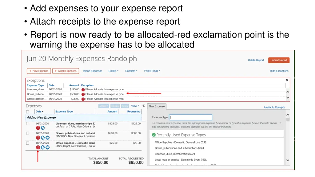 add expenses to your expense report attach