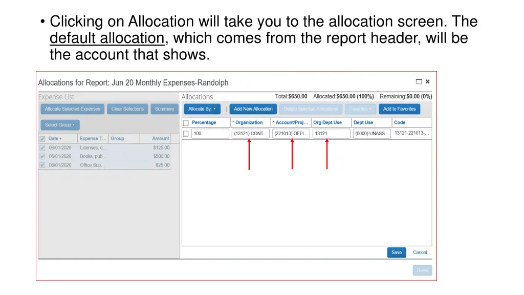 clicking on allocation will take