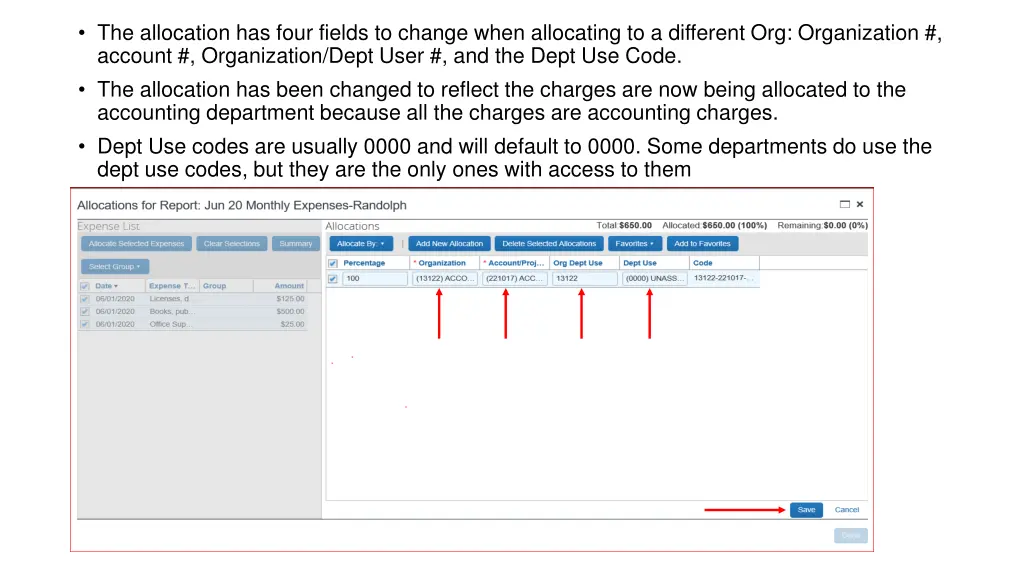 the allocation has four fields to change when