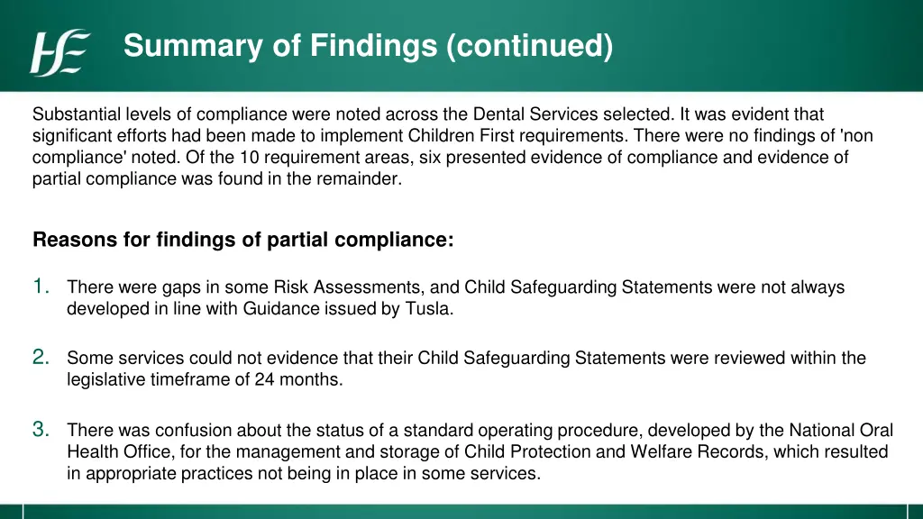 summary of findings continued