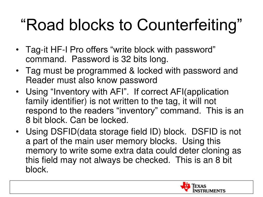 road blocks to counterfeiting