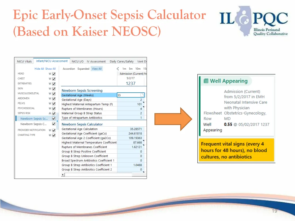 epic early onset sepsis calculator based