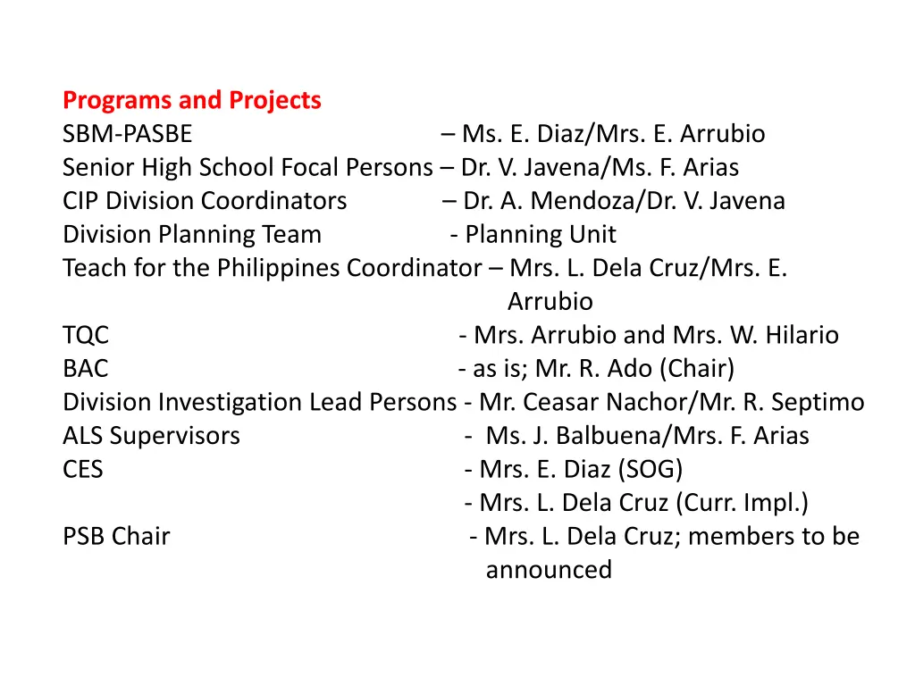 programs and projects sbm pasbe ms e diaz