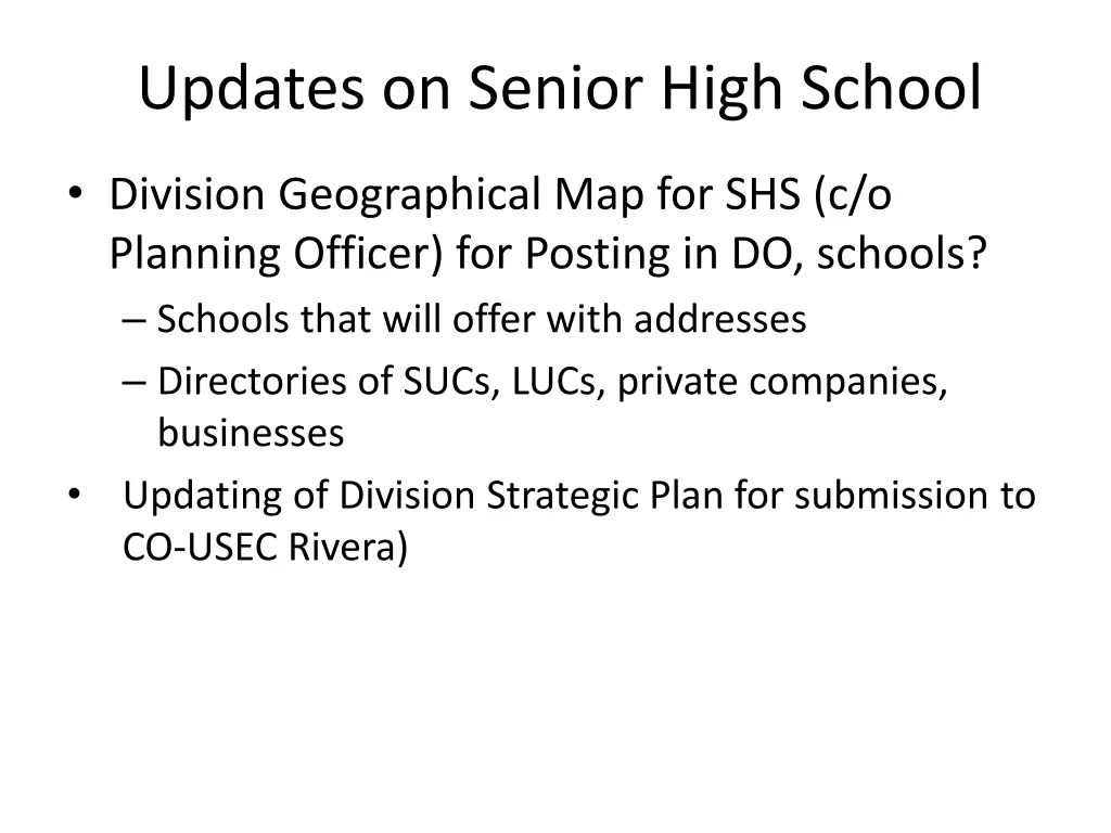 updates on senior high school 1