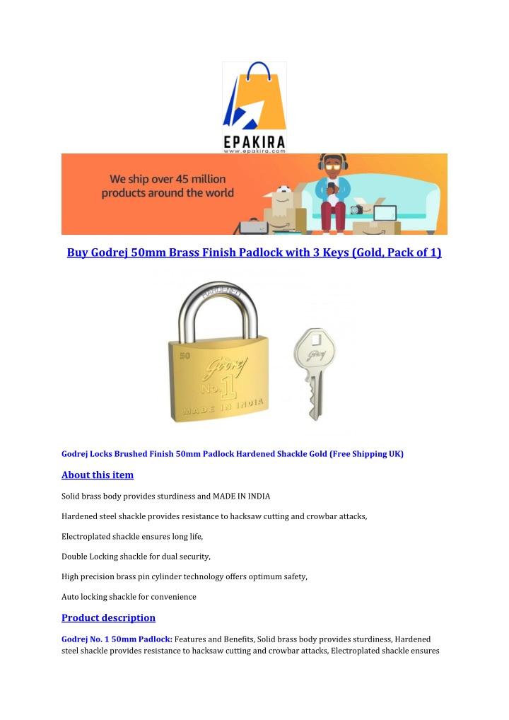 buy godrej 50mm brass finish padlock with 3 keys