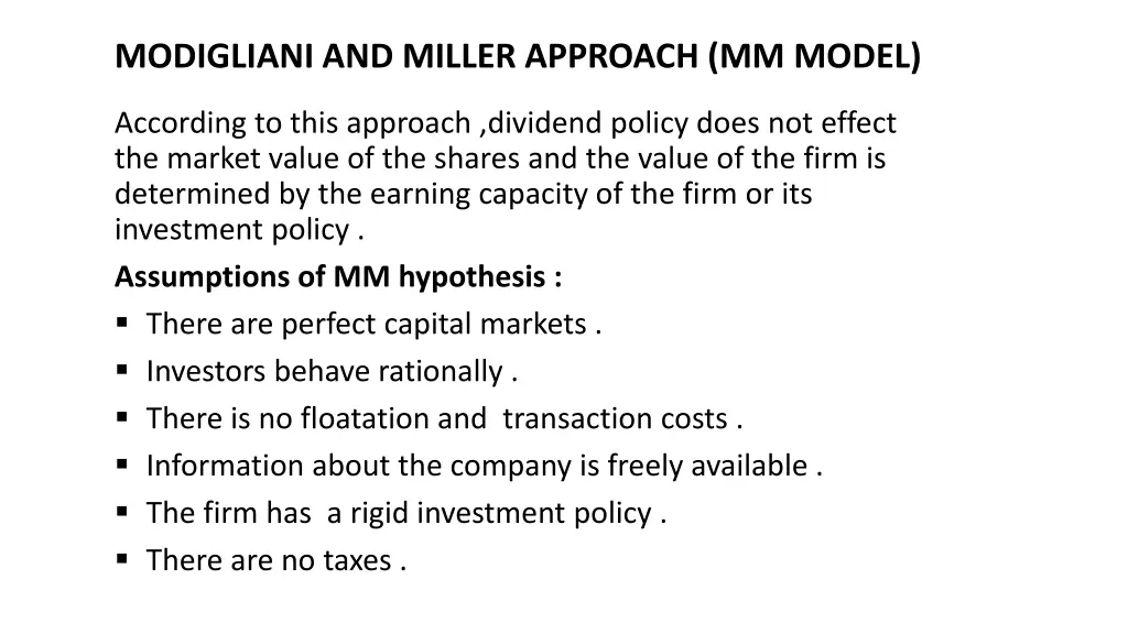 modigliani and miller approach mm model