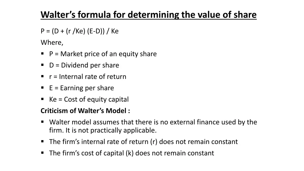 walter s formula for determining the value