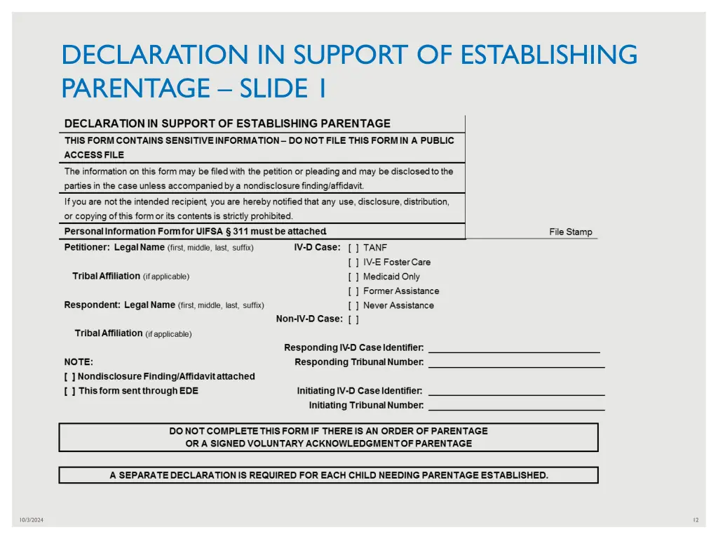 declaration in support of establishing parentage