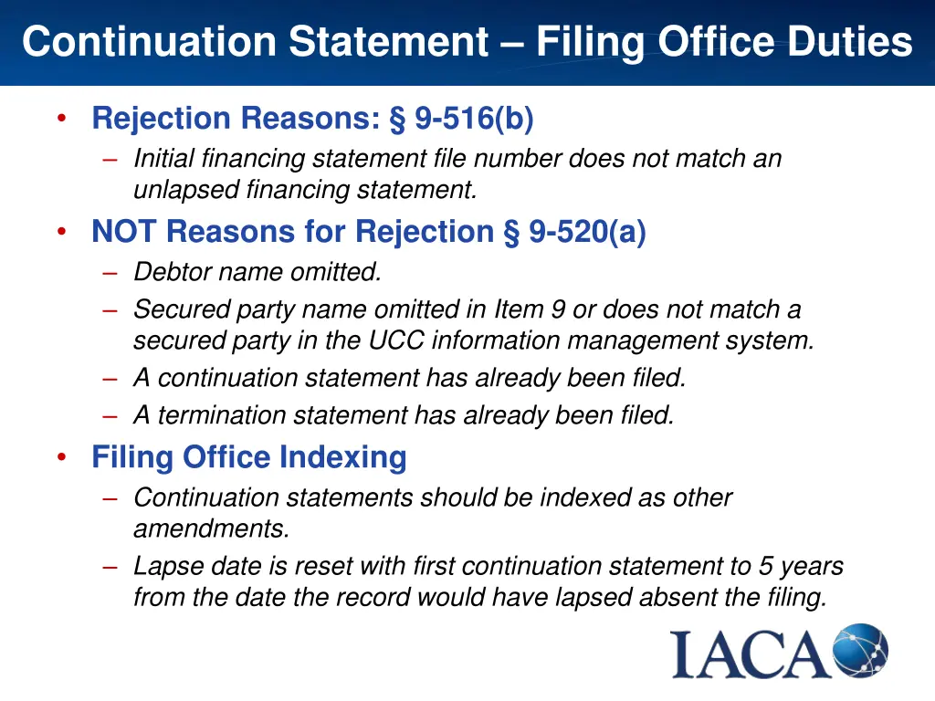 continuation statement filing office duties