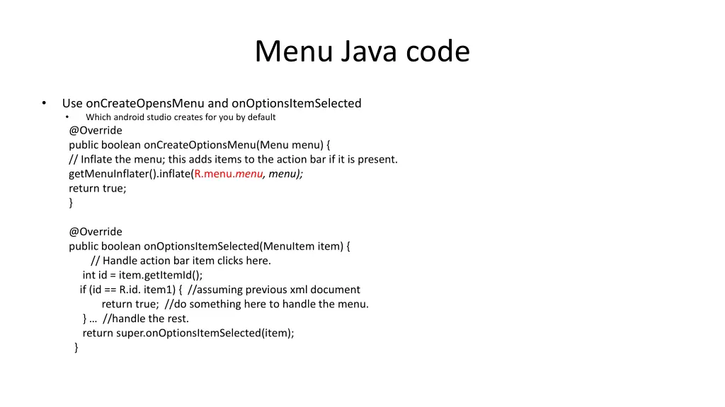 menu java code