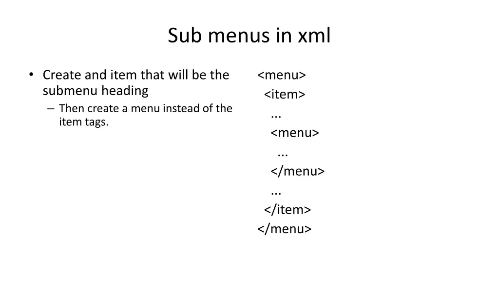 sub menus in xml