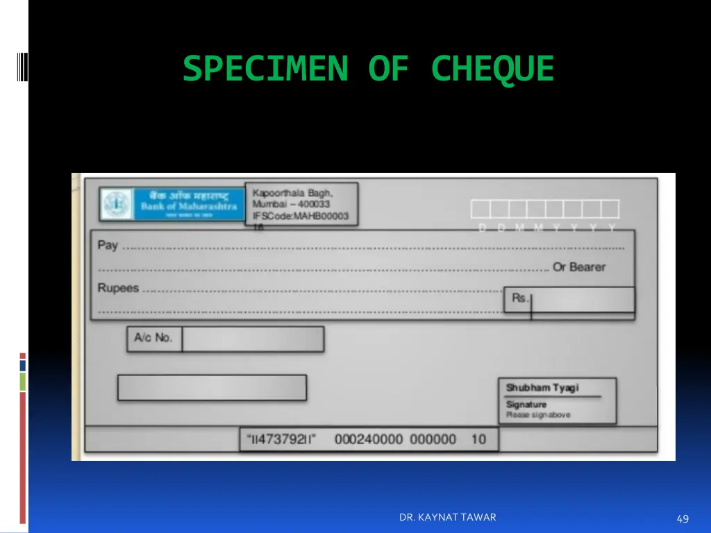 specimen of cheque