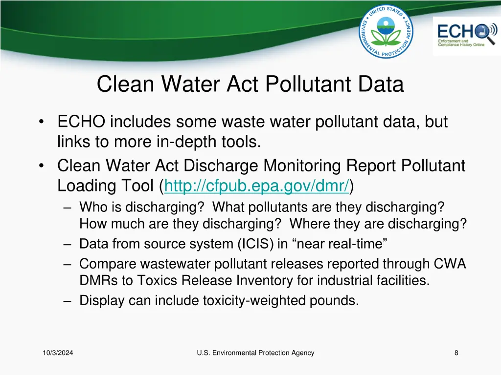 clean water act pollutant data