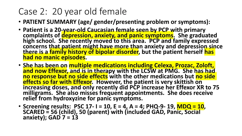 case 2 20 year old female patient summary