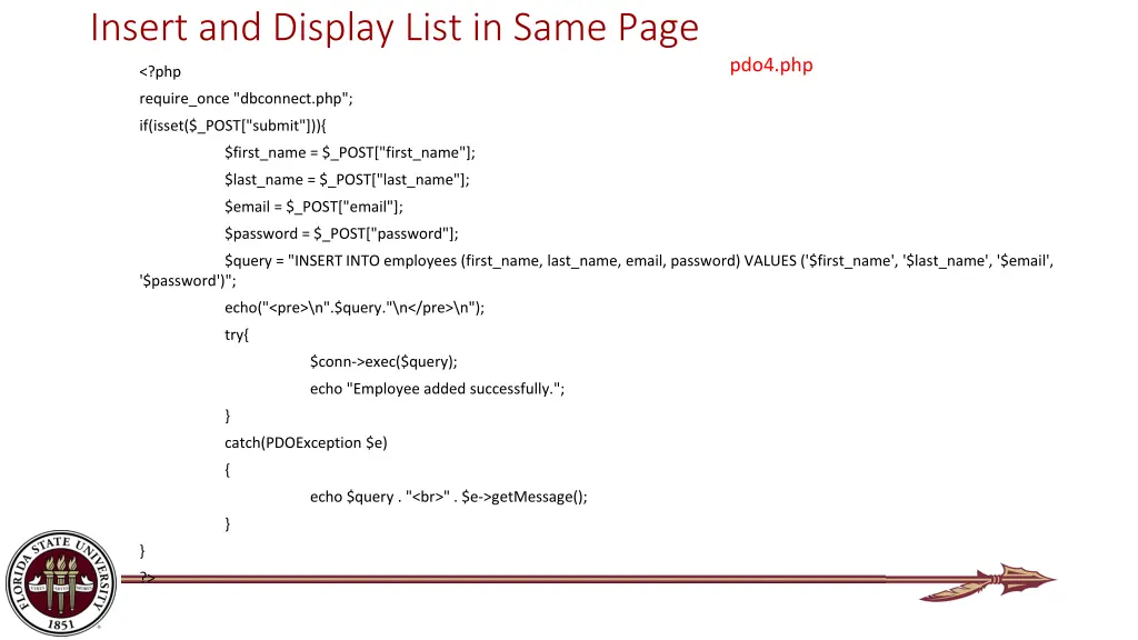 insert and display list in same page