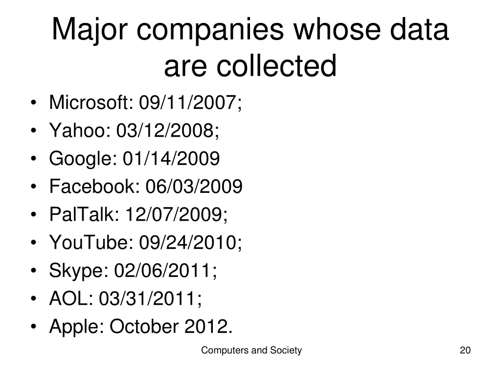 major companies whose data are collected