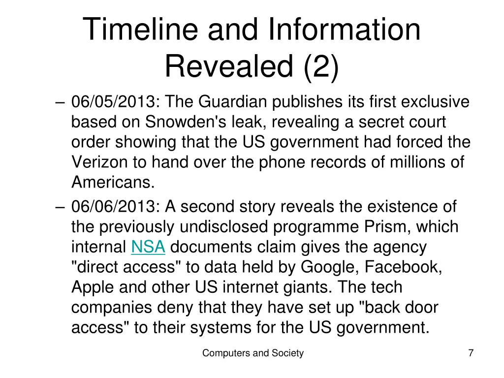 timeline and information revealed 2 06 05 2013