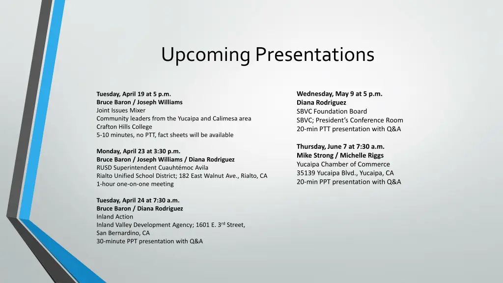 upcoming presentations