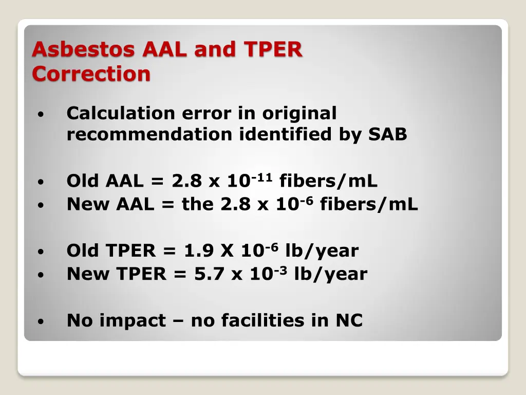 asbestos aal and tper correction