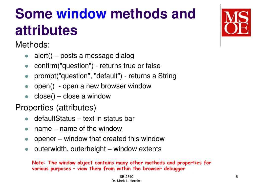 some window methods and attributes methods alert