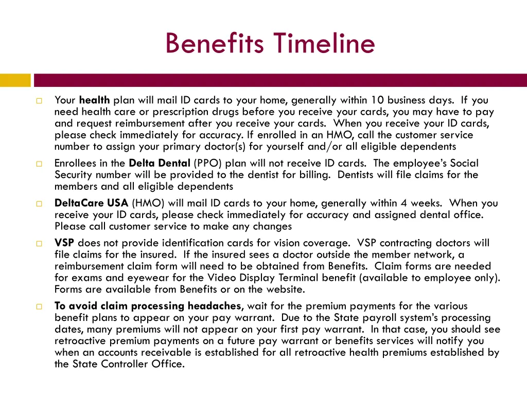 benefits timeline