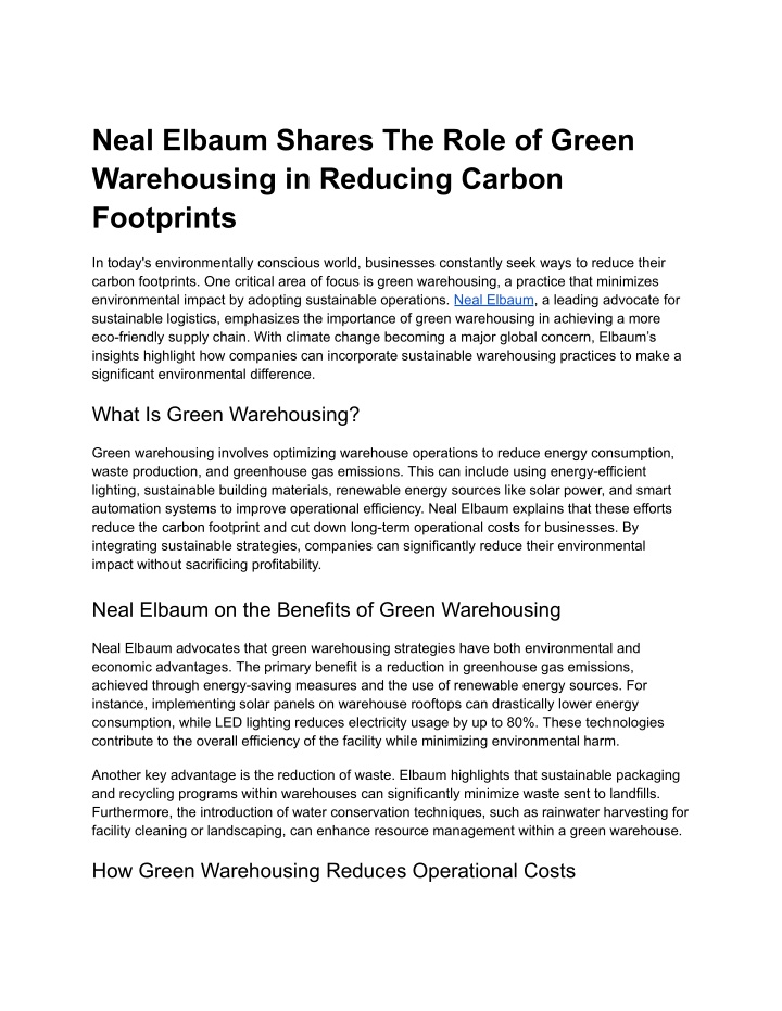 neal elbaum shares the role of green warehousing