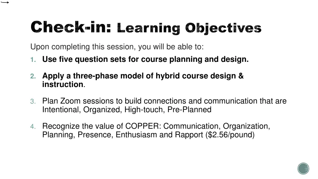 check in learning objectives