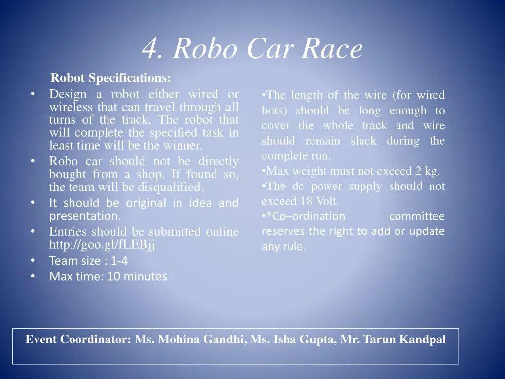 4 robo car race robot specifications design