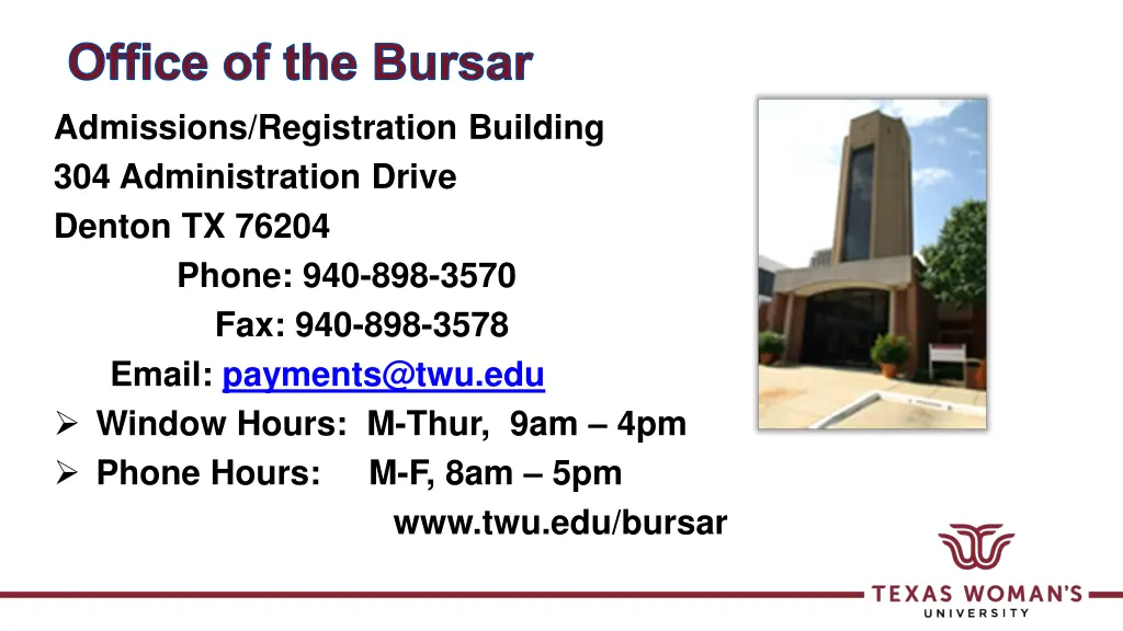 office of the bursar admissions registration